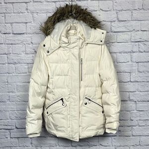 A.N.A. Down Puffer Coat Parka L Ivory Detachable Faux‎ Fur Hood Feather Quilted